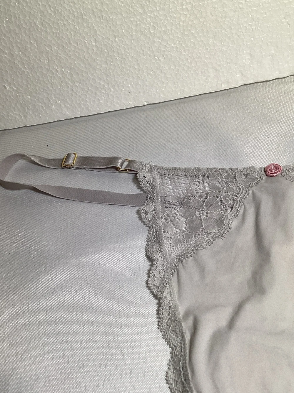 Victoria's Secret Lace-Trim Thong Panty - Light Gray with Pink Accent